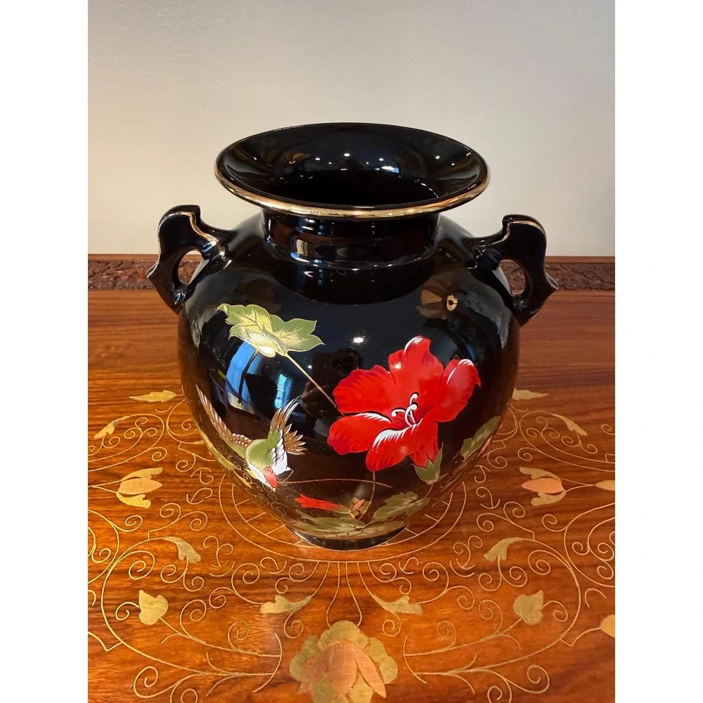 Vintage Japanese Black Ceramic Vase Hummingbird & Red‎ Blossom Motif
